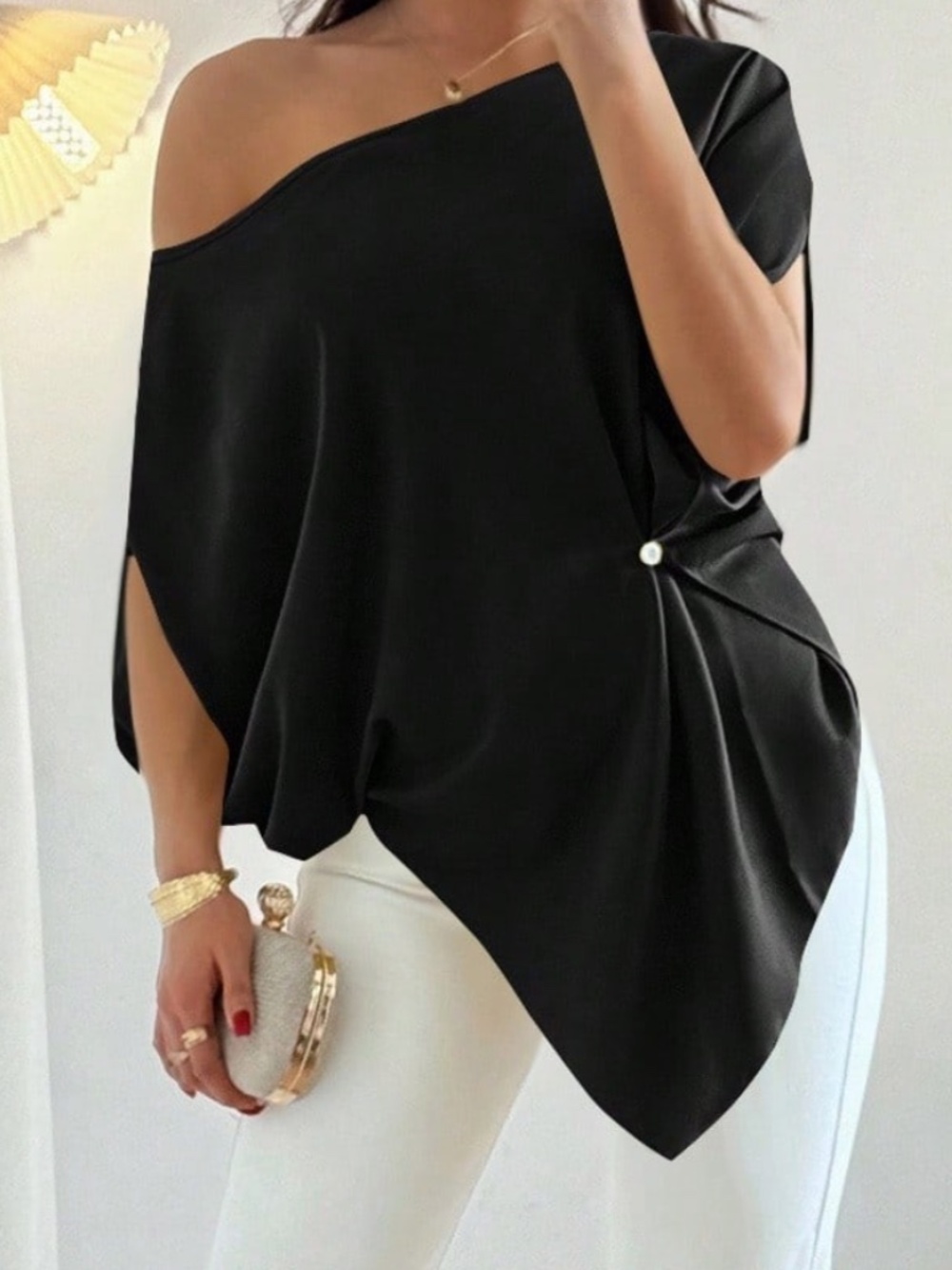 Classic One Shoulder Uneven Hem Ruched Blouse